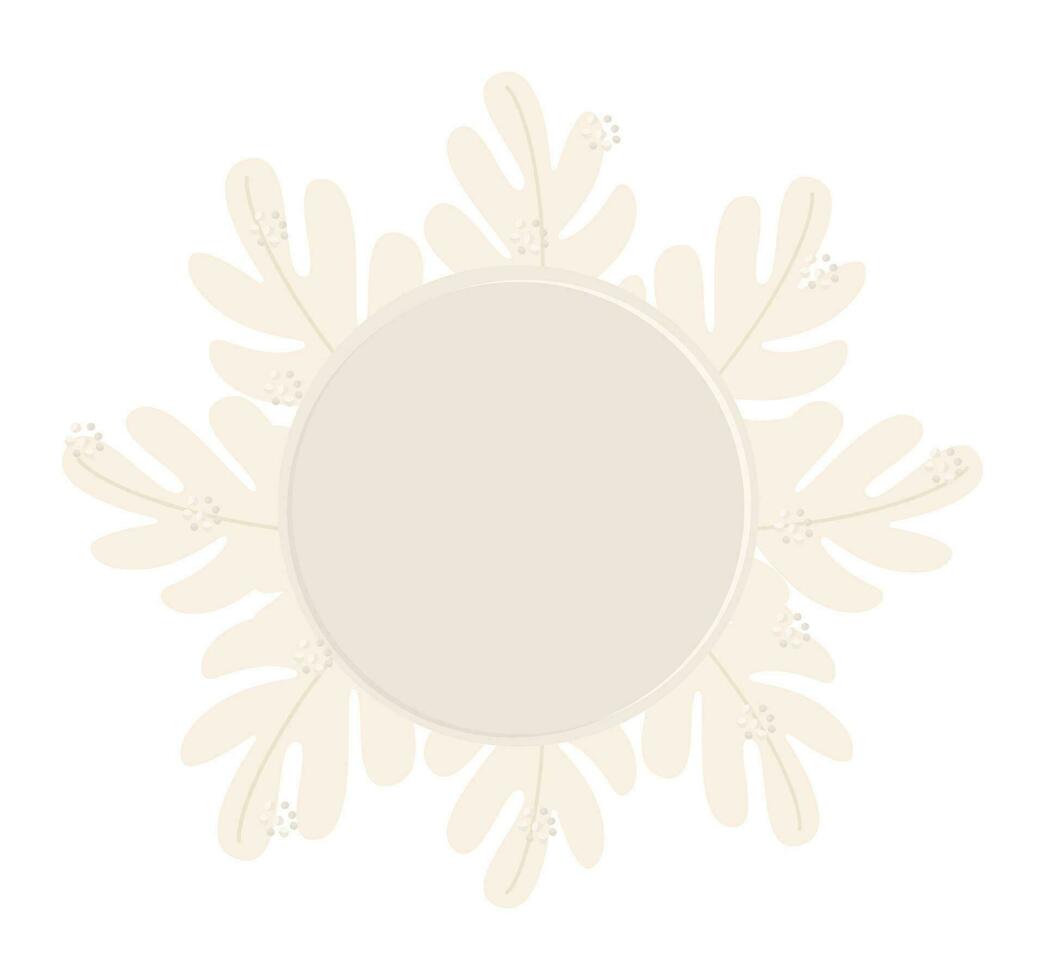 Round frame with foliage, sun with rays in the form of leaves, light beige color vector illustration