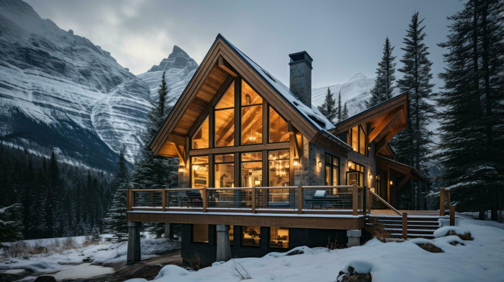 Cozy cabin with snowy mountain views photo