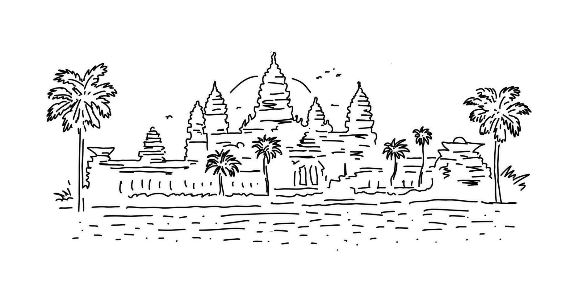 Angkor Wat is a temple complex in northern Cambodia. Linear silhouette illustration in doodle style. vector