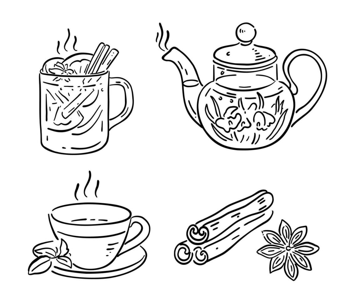 Hot drinks. Mulled wine, hot tea in a teapot, a cup of tea and a cinnamon stick. Set of icons. Vector illustration in doodle style