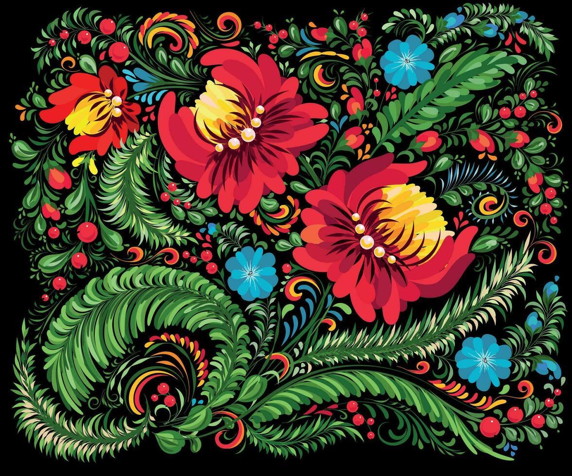 dibujado a mano floral pintura aislado en negro. ucranio gente arte, tradicional decorativo pintura estilo petrykivka. Perfecto impresión para tarjetas, decoración. vector