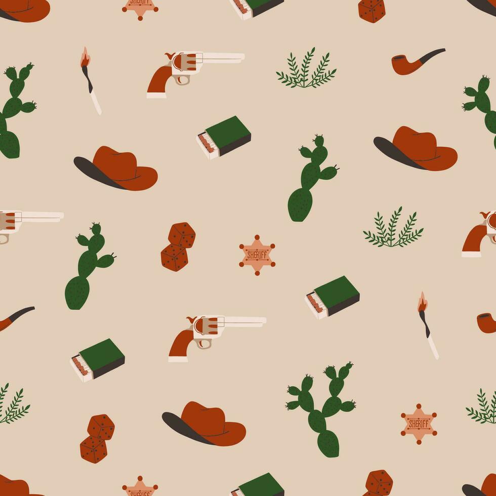 Seamless pattern with western elements. Cactus, bush, cowboy hat, gun, match, dice, sheriff badge. Wild west, Mexico, Texas, Arizona. Vector illustration