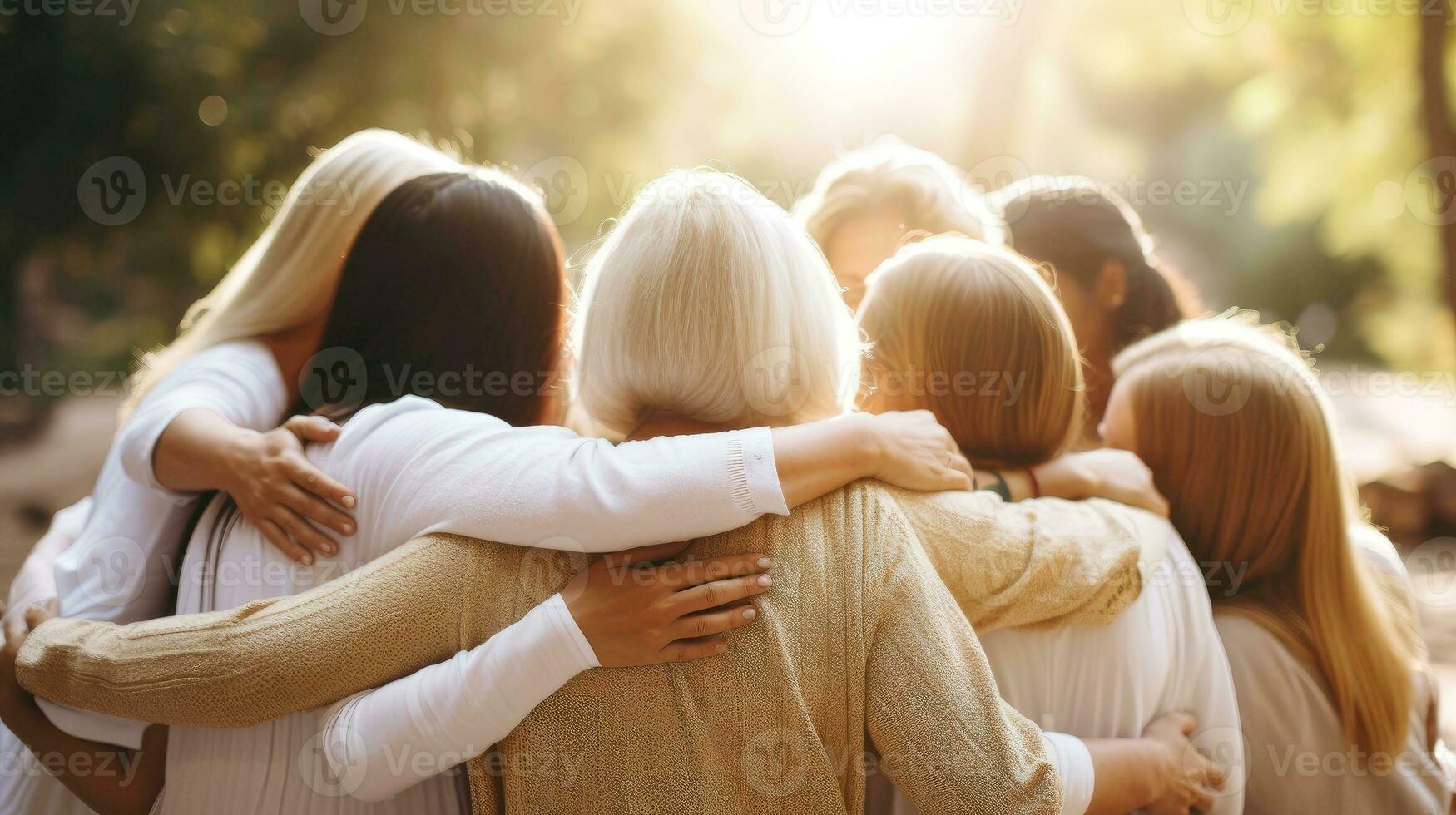 Group of women hugging themselves with love and care as a family, Day for the Elimination of Violence Against Women concept, Generative AI illustration photo