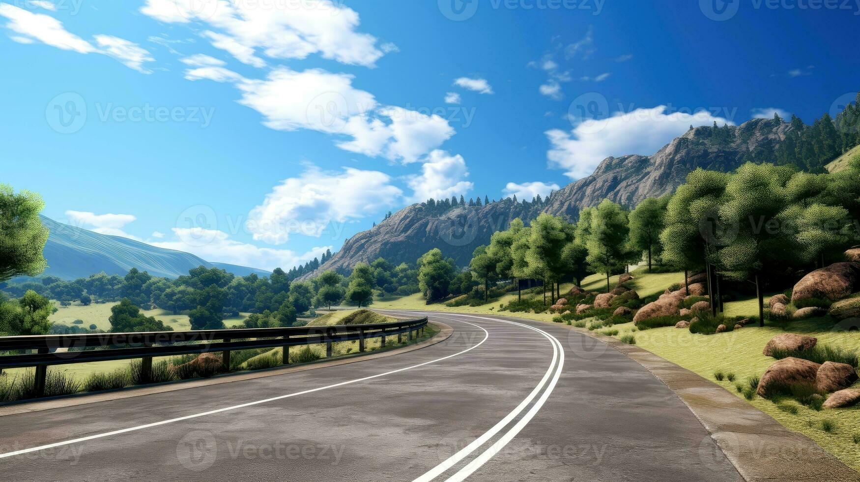 montaña la carretera. paisaje con rocas, soleado cielo con nubes y hermosa asfalto la carretera en el noche en verano. autopista en montañas, generativo ai ilustración foto