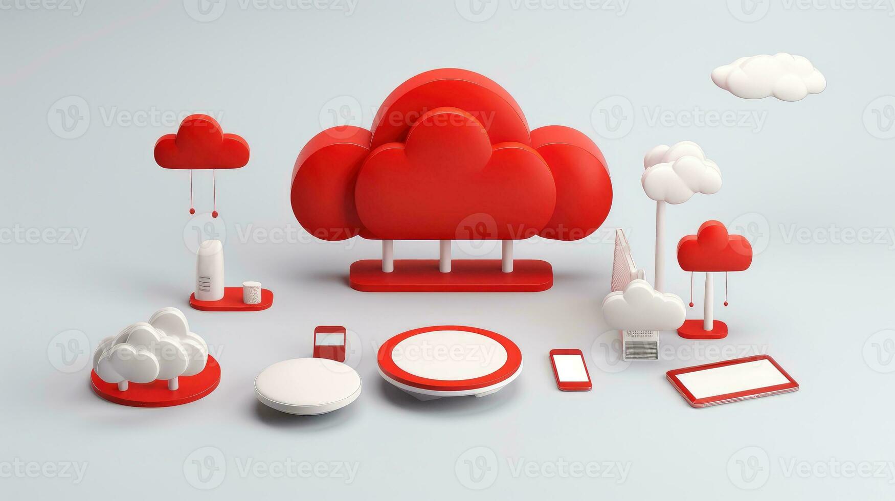 3D red white cloud icon minimal style, cloud computing online service, digital technology security concept, Generative AI illustration photo