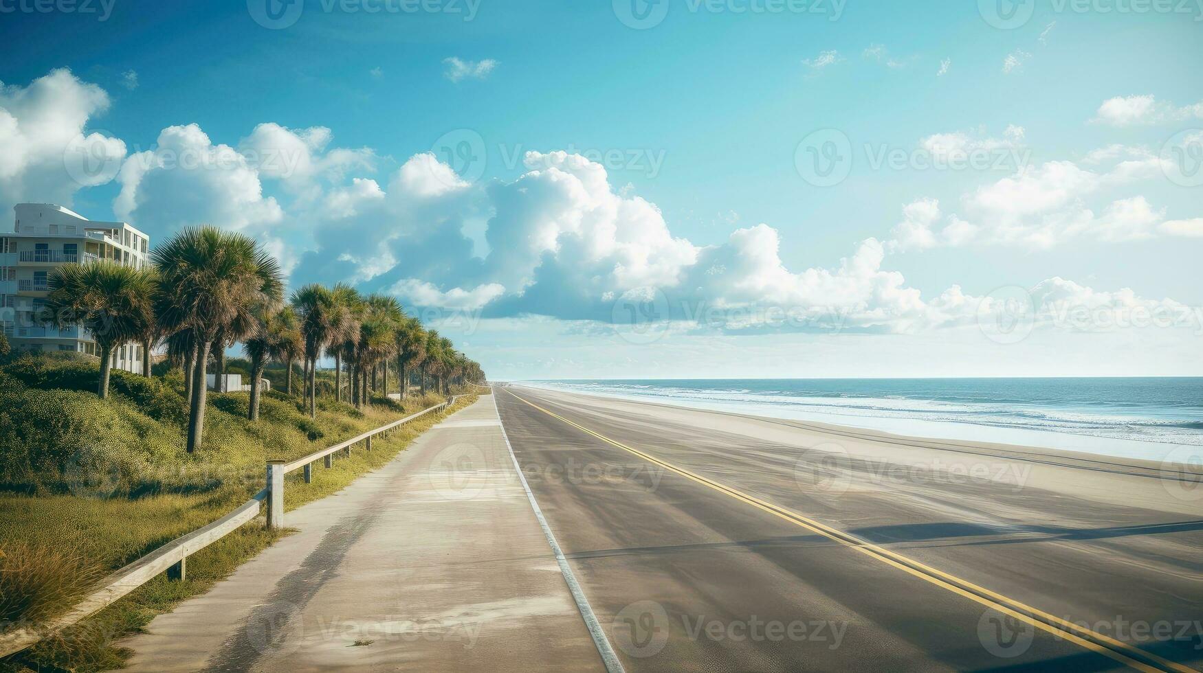 Empty asphalt road beside the sea background, highway beside the sea, outdoors horizontal image, Generative AI illustration photo