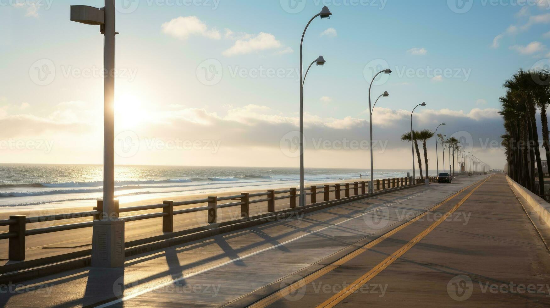Empty asphalt road beside the sea background, highway beside the sea, outdoors horizontal image, Generative AI illustration photo