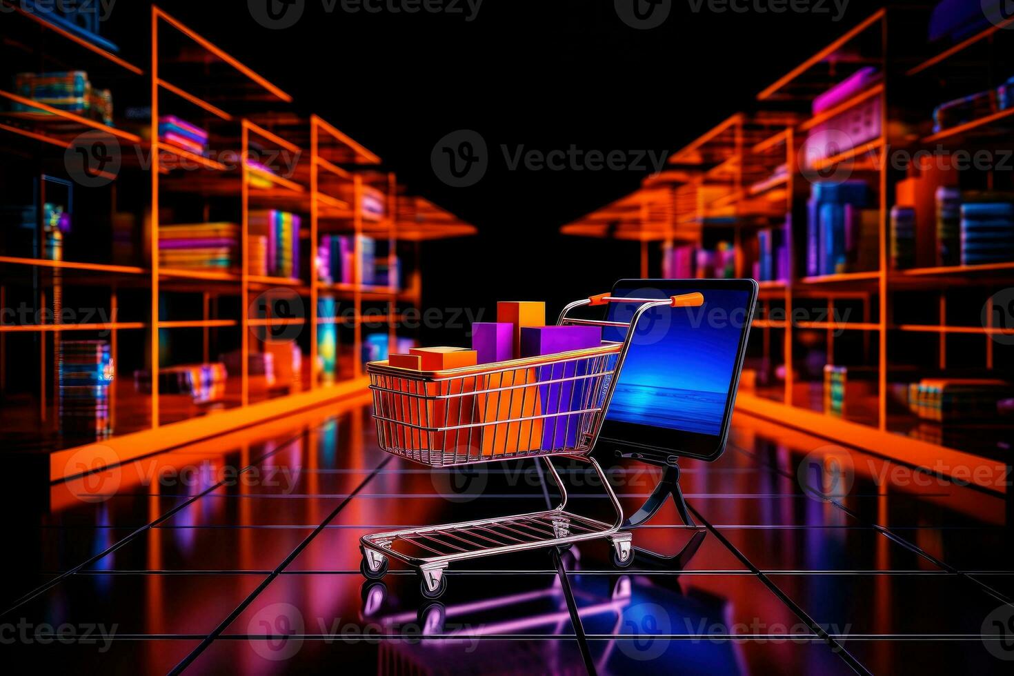 Goods,online shopping e-commerce ,Shop cart, advertising of black friday cheap cargo concept, Generative AI illustration photo