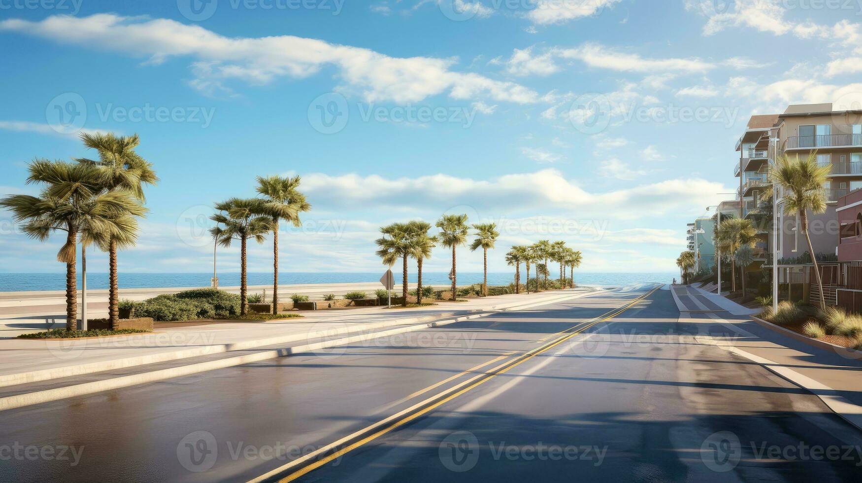 Empty asphalt road beside the sea background, highway beside the sea, outdoors horizontal image, Generative AI illustration photo