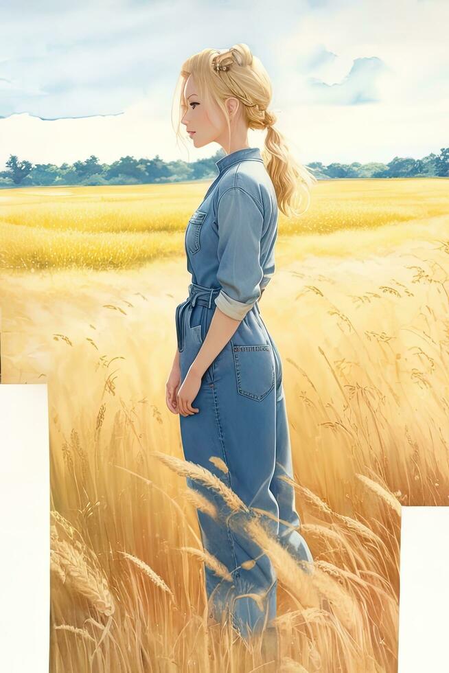 3D illustration of a beautiful young woman in a wheat field. AI generated. photo