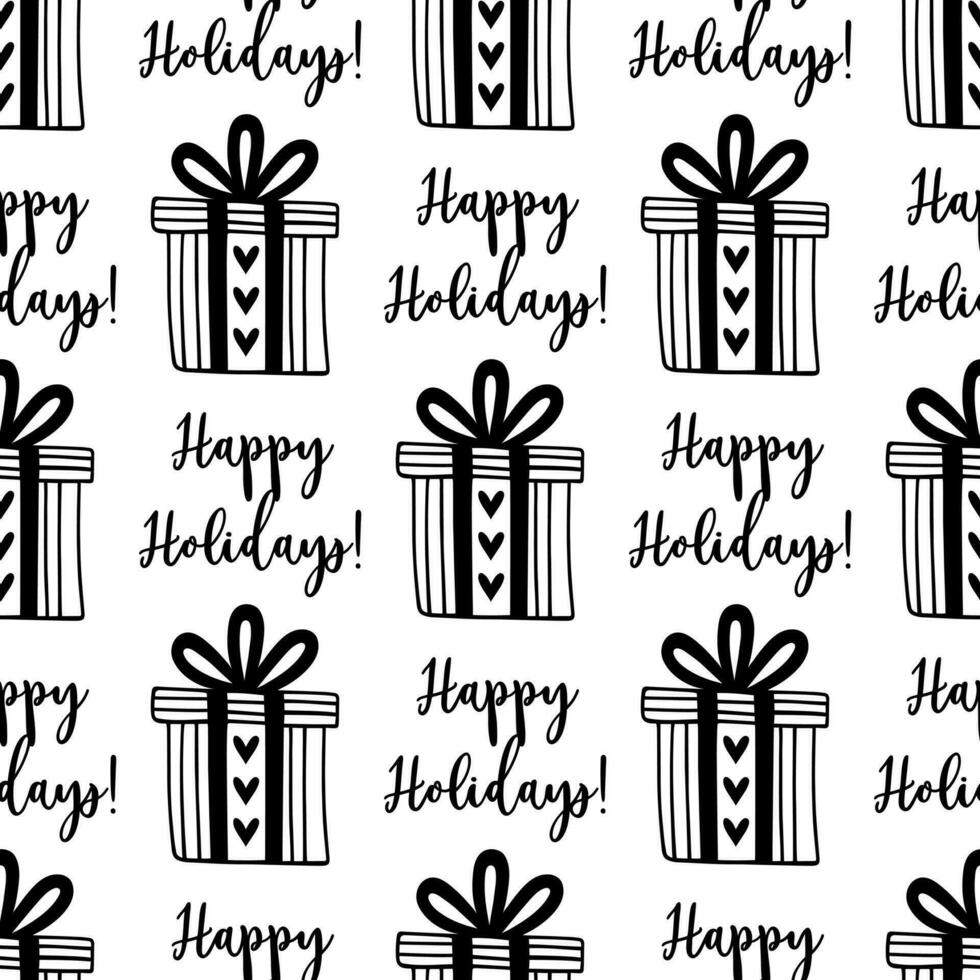 Gift box with a present inside seamless vector pattern. Happy Holidays, surprise with ribbon, bow, hearts. Striped container for Birthday, Valentines Day. Black and white background for print, cards