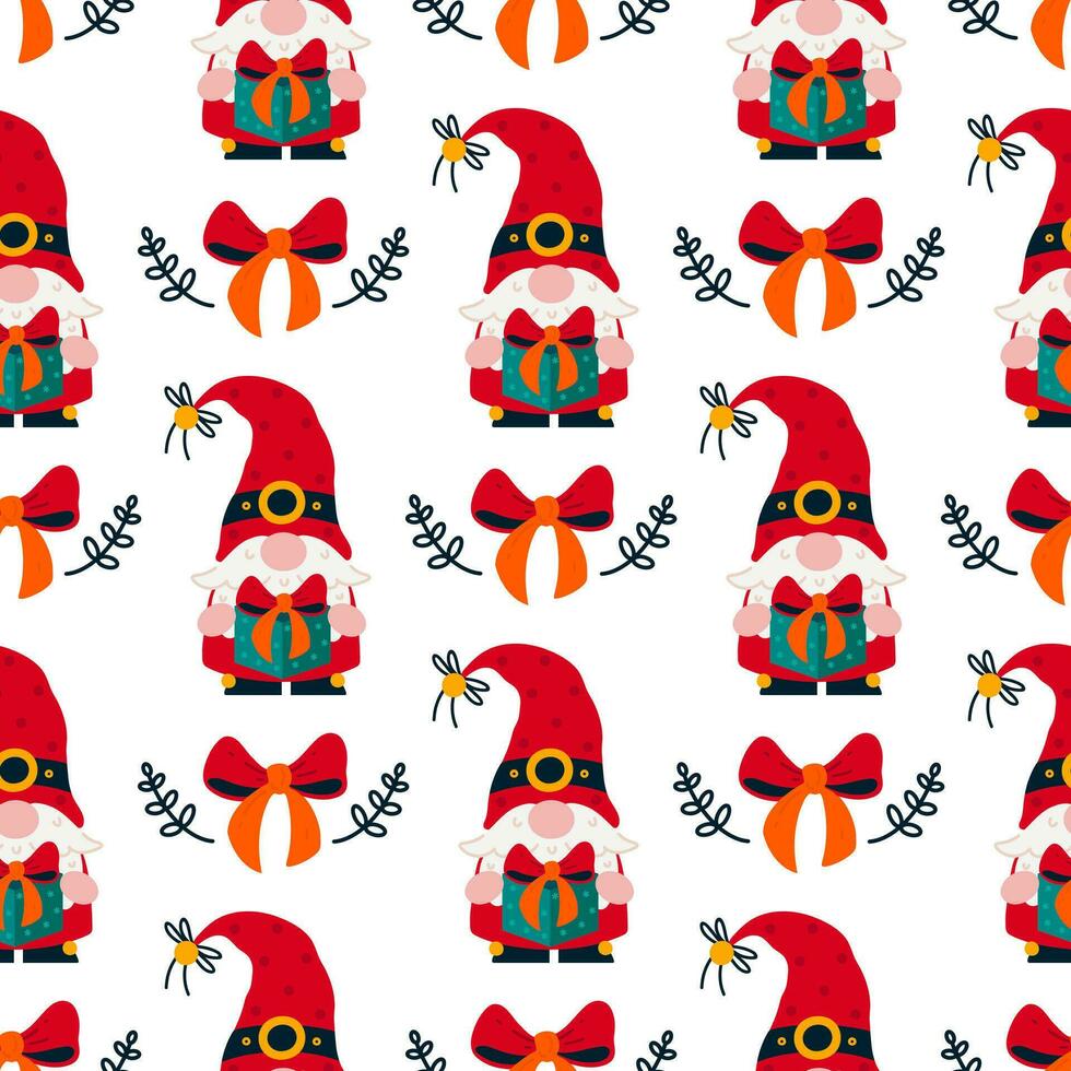 Cute Christmas gnome seamless vector pattern. A gray-haired elf with a beard holds a holiday gift with a bow. Santa Claus helper in a stocking cap with mistletoe branches. Flat cartoon background