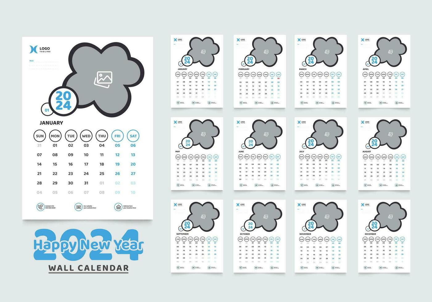 Wall Calendar 2024 Template Design, Year Planner 2024 vector