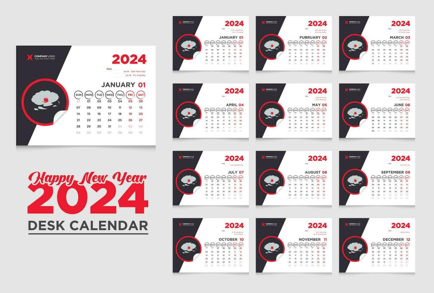 Desk Calendar 2024 template design, Calendar 2024 vector