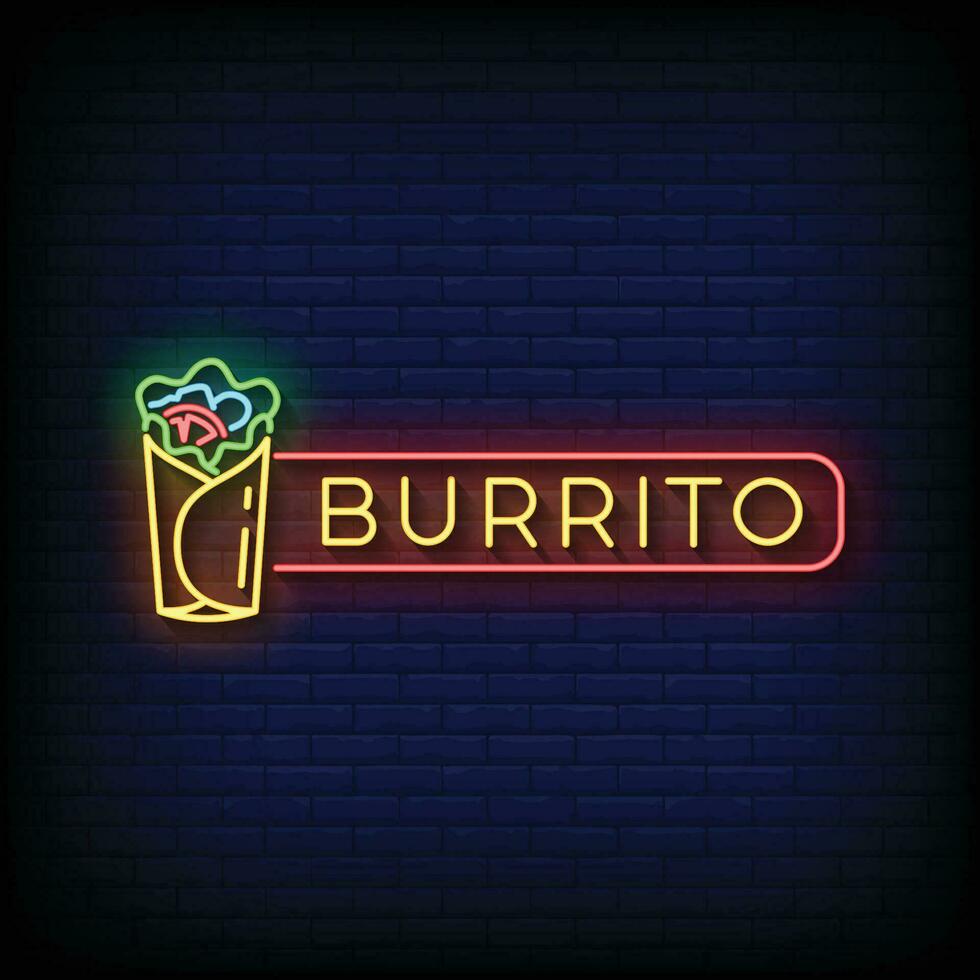 Neon Sign burrito with brick wall background vector