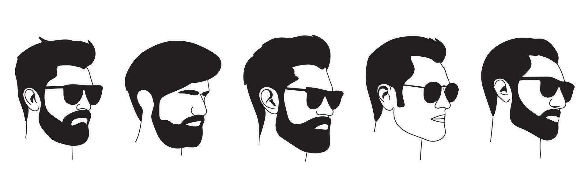 Set of hand drawn men profiles silhouette. Fashion man avatar in doodle style. Vector illustration.