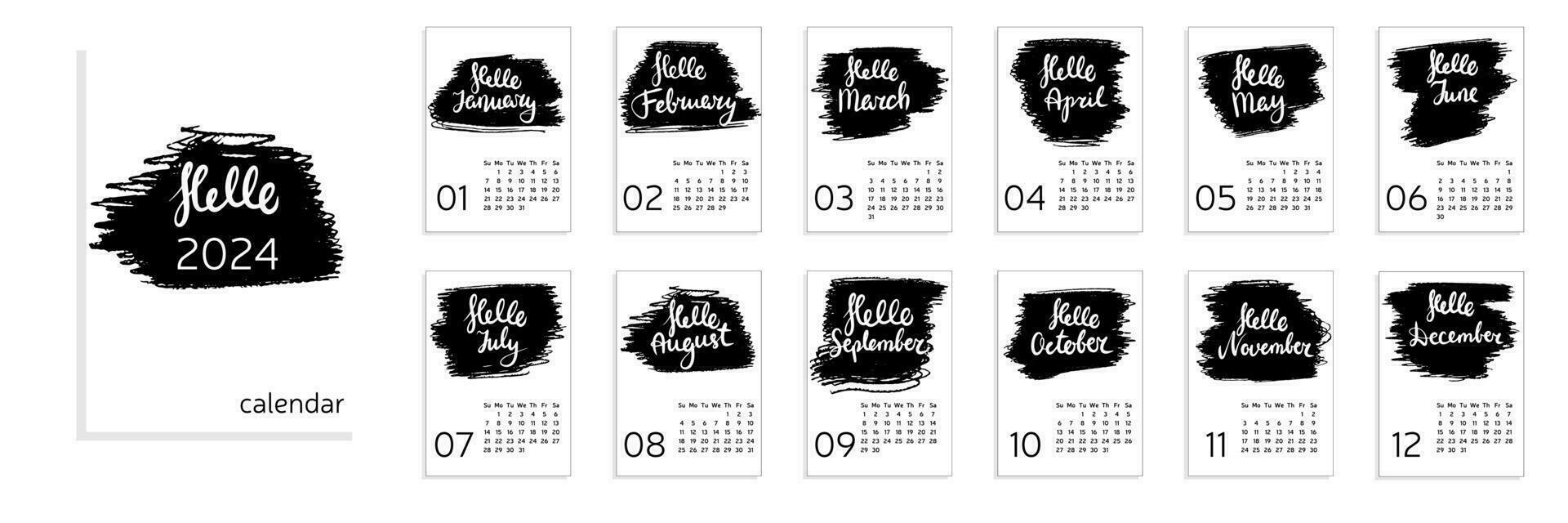 Calendar Hello 2024 year A4. Week start with Sunday. Hello January. Hello February, March, April, May, June, July, August, September, November, October, December. Vector illustration in black color.