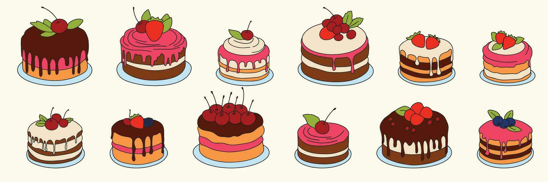 Big collection of cakes colored outline. Cake in doodle style isolated on white background. Hand drawn cake on plate. Vector illustration.