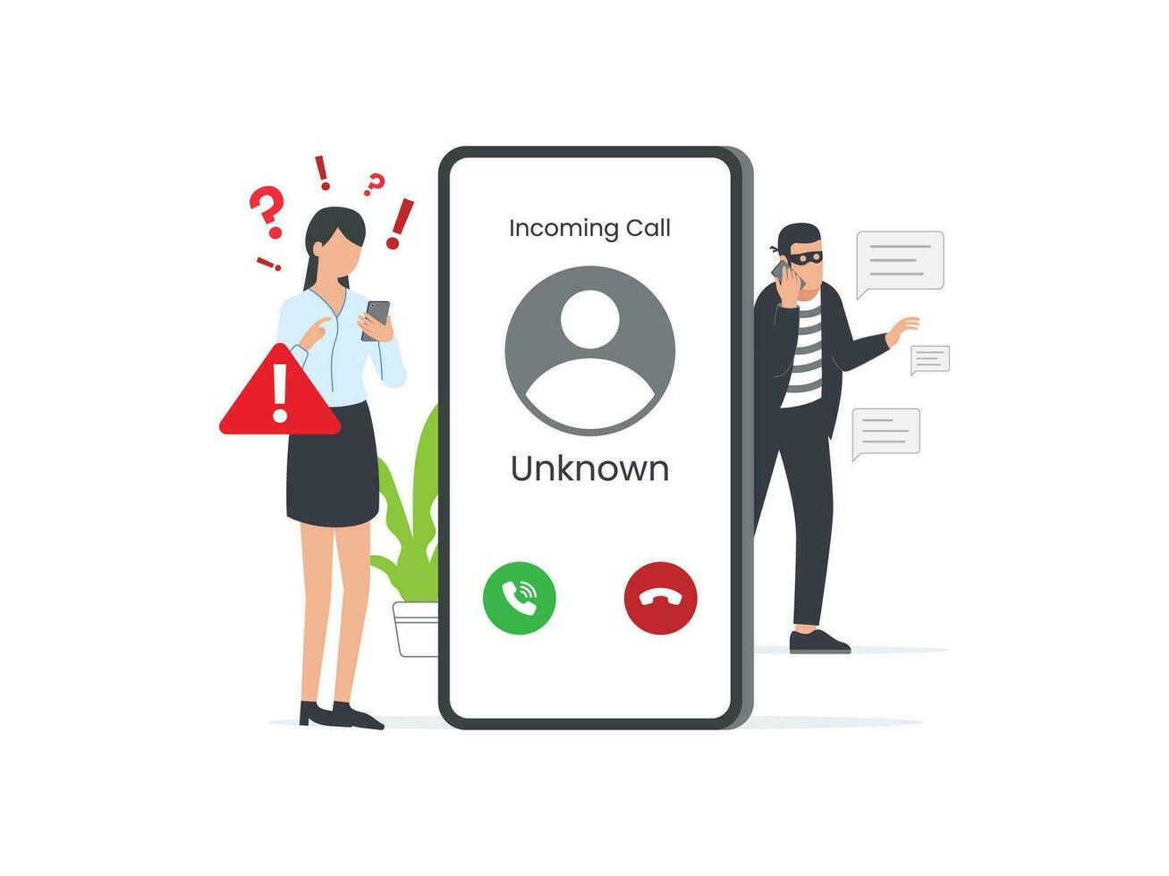 Concept of Cheating, Pranks, or Scams. Fraud People Makes Suspicious Call from Unknown Number on Smartphone. Cartoon Flat Vector Illustration.