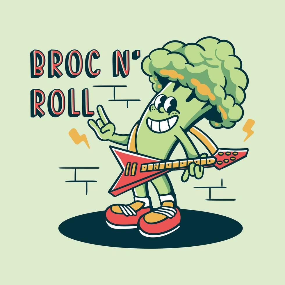 vintage cartoon broccoli holding electric guitar vector