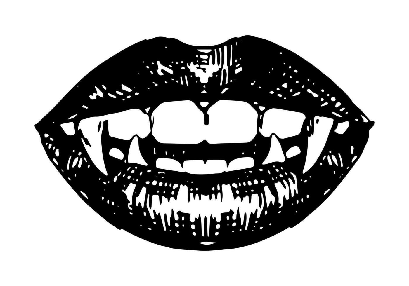Vampire mouth, open lips, long teeth. Beautiful female lips and sharp fangs. Halloween hand drawn vector illustration in retro style. Dark theme ink sketch isolated on white.