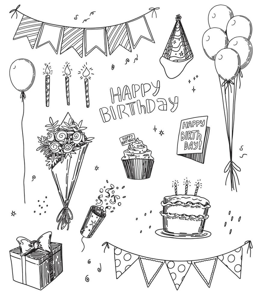 Birthday party set. Cartoon vector illustrations of bouquet, cake, popper, gift, card, balloons, festive flags. Bright modern clip arts isolated on white.