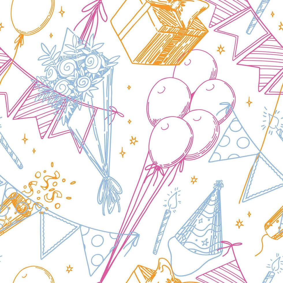 Birthday party vector seamless pattern. Outline illustrations of candles, gift box, festive flags, bouquet, balloons. Bright retro style ornament.