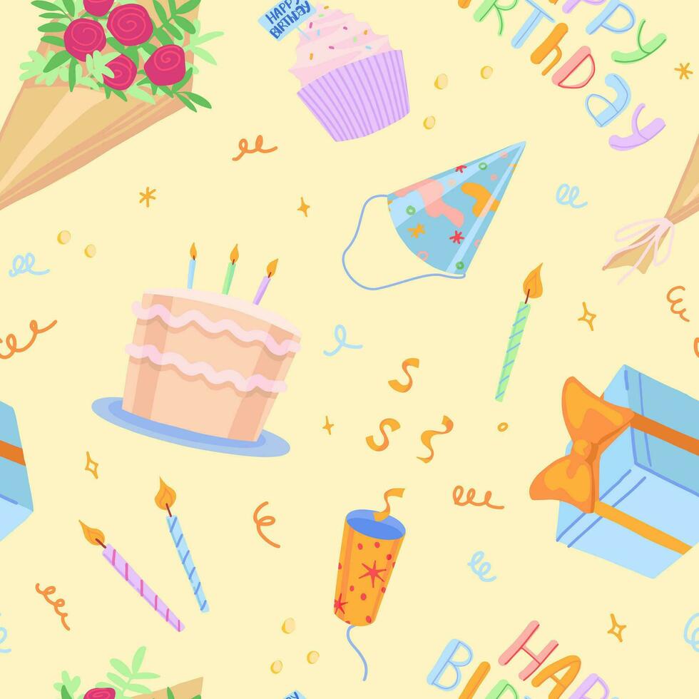 Birthday party vector seamless pattern. Cartoon illustrations of bouquet, cake, popper, gift. Bright modern ornament.