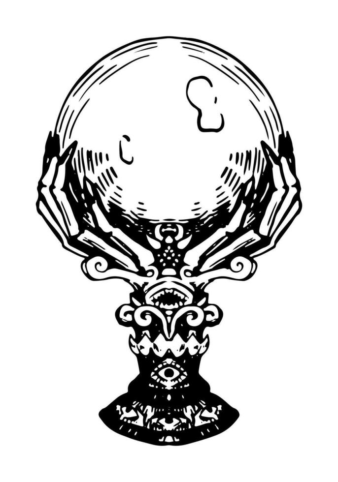 Gothic magic crystal ball ink sketch isolated on white. Occult, fortune telling, witchcraft, esoteric item. Halloween hand drawn vector illustration in retro style.