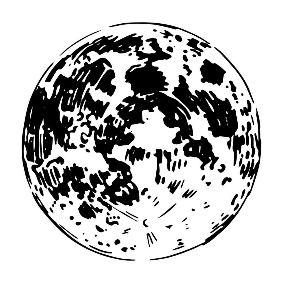 Full moon ink sketch isolated on white. Outline outer space, magic witchcraft symbol. Hand drawn vector illustration in retro style.