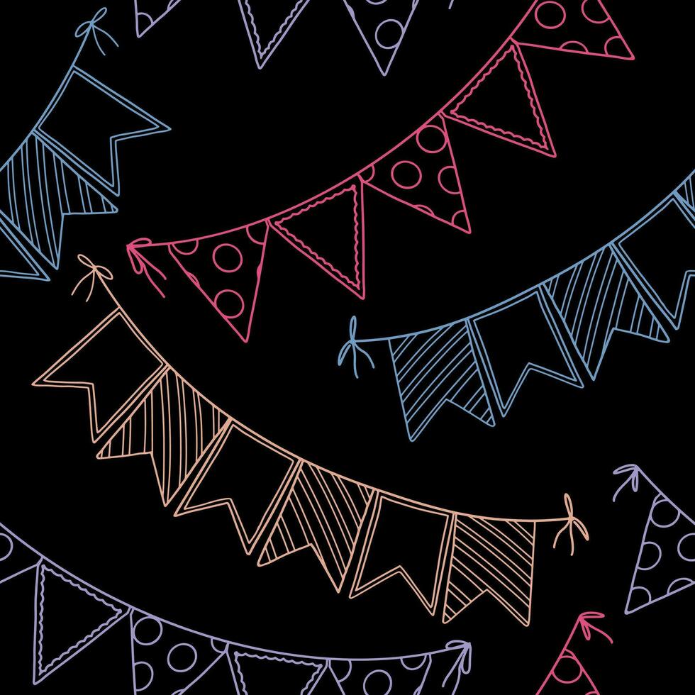 Festive bunting flags ornament. Flag garland outline vector seamless pattern. Modern design for celebration party, holidays, festival.