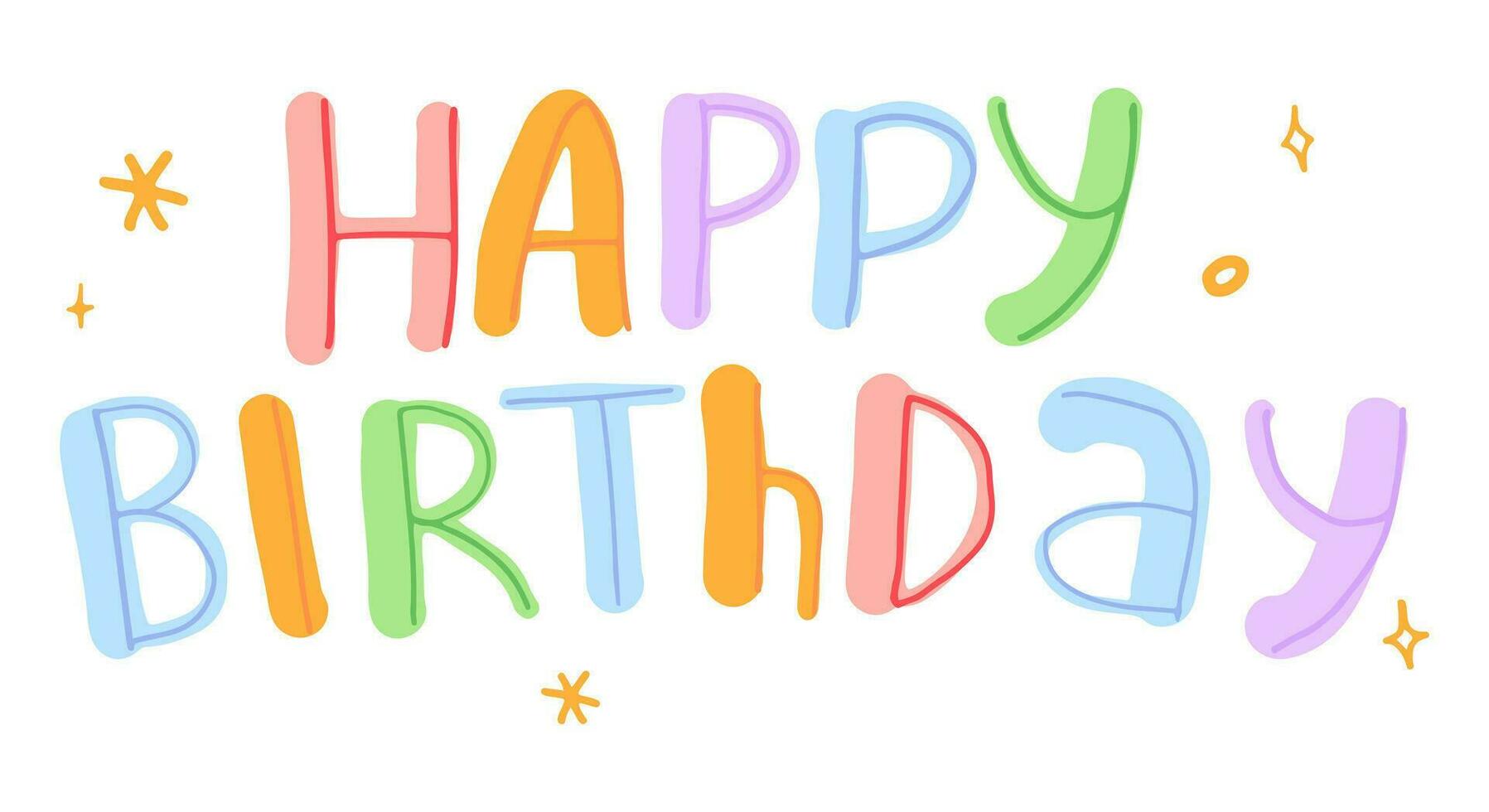 Happy Birthday inscription in cartoon naive style. Funny lettering isolated on white background. Hand drawn vector illustration.
