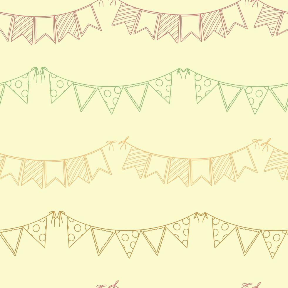 Festive bunting flags ornament. Flag garland outline vector seamless pattern. Delicate modern design for celebration party, holidays, festival.