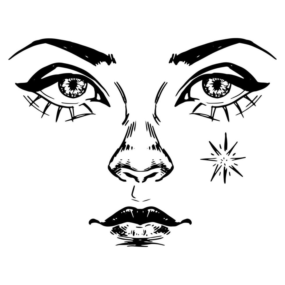 Beautiful face of a witch, fortune teller, soothsayer. Halloween hand drawn vector illustration. Ink sketch of woman face isolated on white.