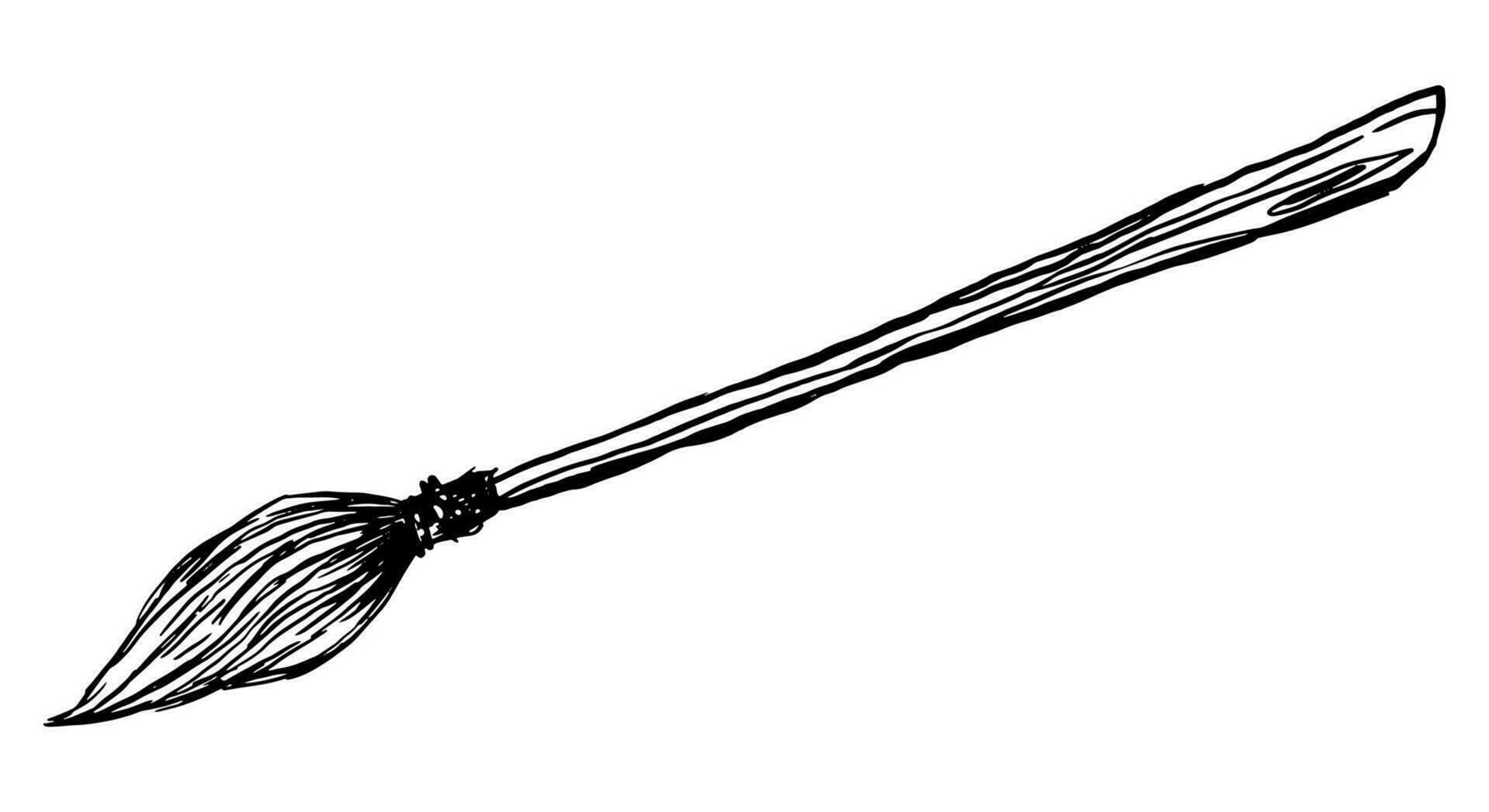 Old broomstick doodle. Household, magic broom ink sketch isolated on white. Halloween hand drawn vector illustration in retro style.