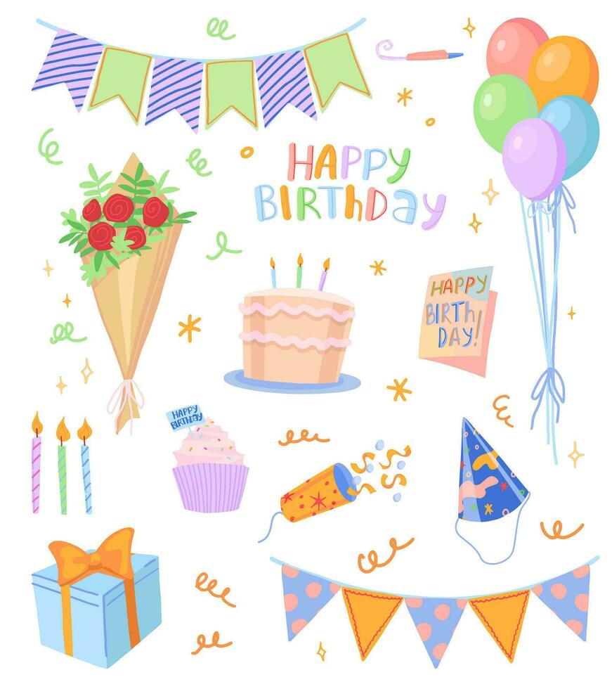 cumpleaños fiesta colocar. dibujos animados vector ilustraciones de ramo, pastel, corchete, regalo, tarjeta, globos, festivo banderas brillante moderno acortar letras aislado en blanco.
