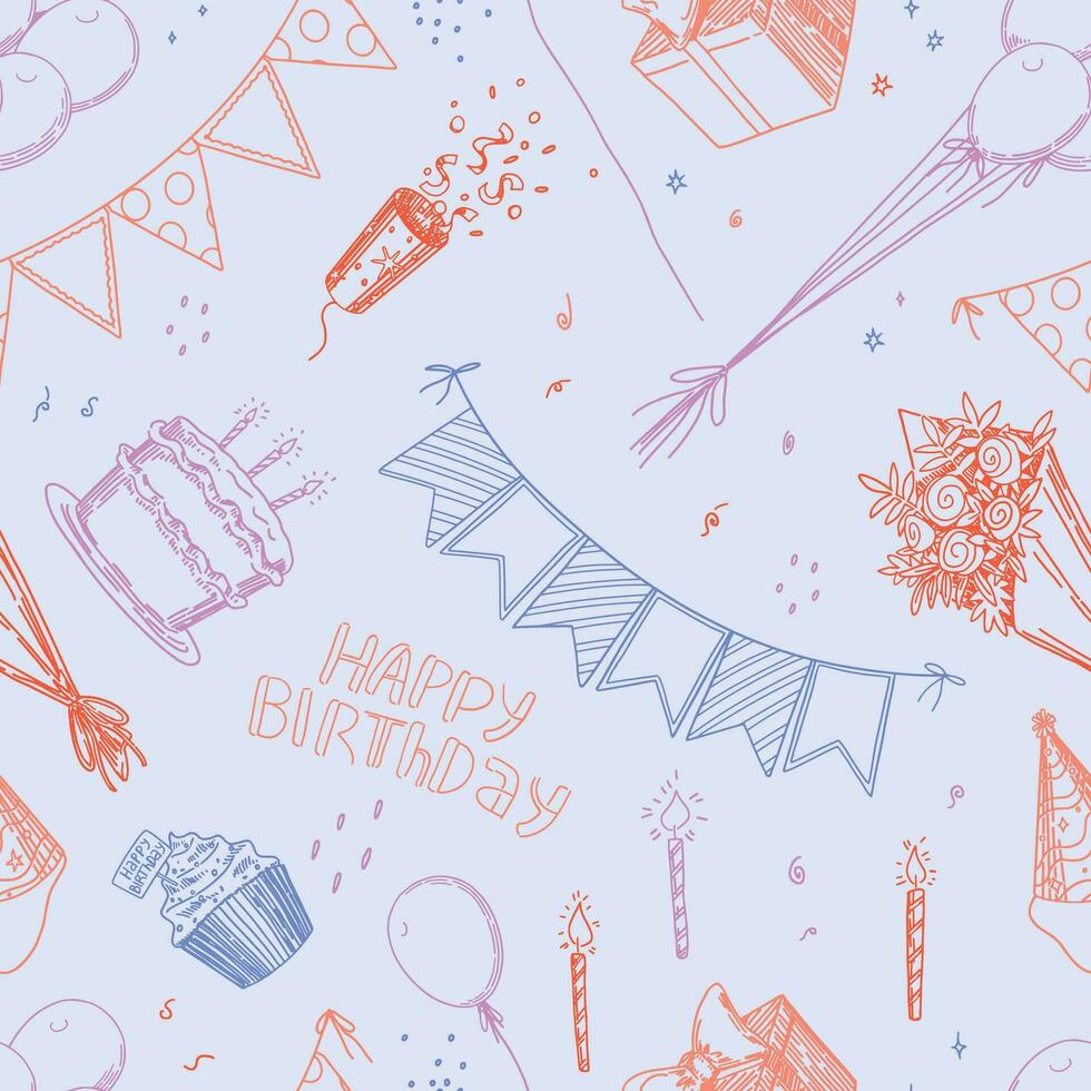 Birthday party vector seamless pattern. Outline illustrations of cakes, candles, gift box, festive flags, bouquet, balloons. Bright retro style ornament.