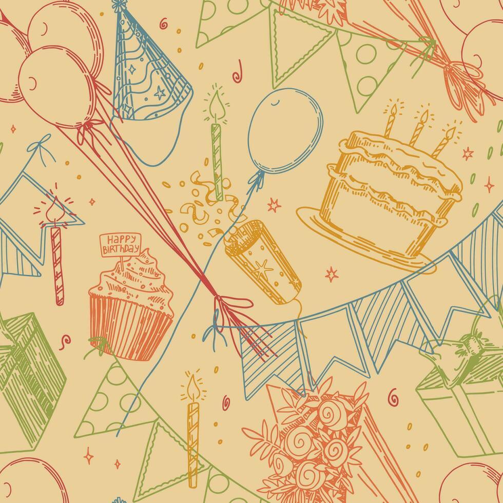 Birthday party vector seamless pattern. Outline illustrations of cake,  candles, gift, card, festive flags, bouquet, balloons. Bright retro style  ornament. 29747423 Vector Art at Vecteezy