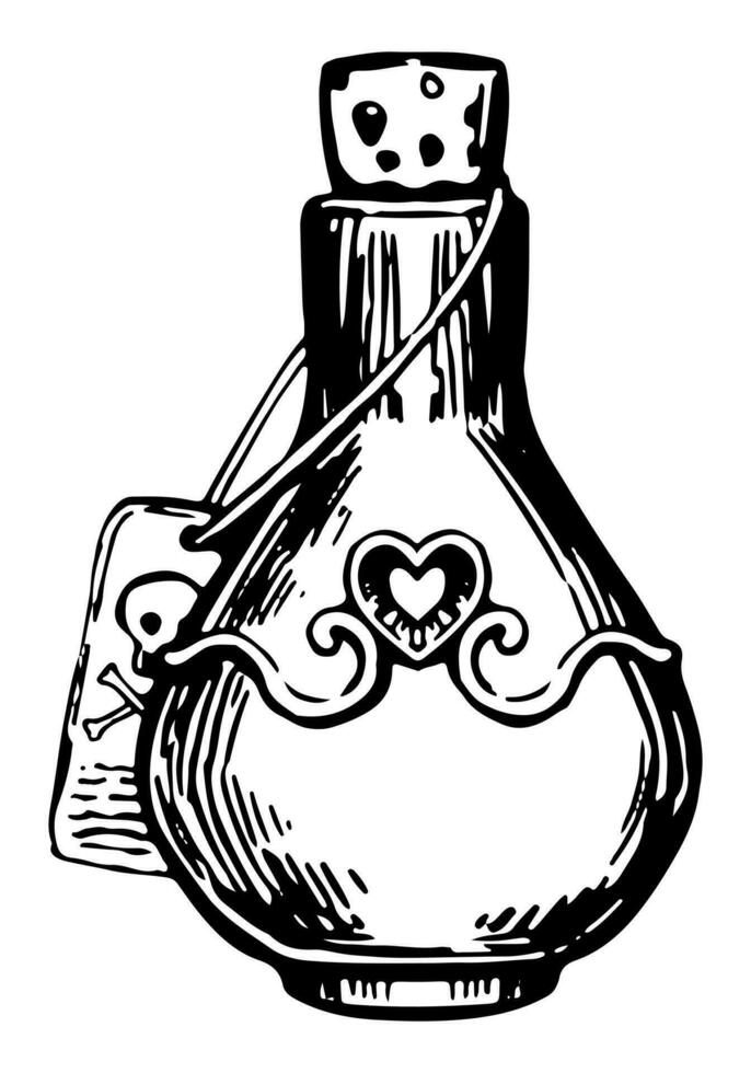 Love potion, magic spell heart elixir. Halloween hand drawn vector illustration in retro style. Spooky ink sketch isolated on white.