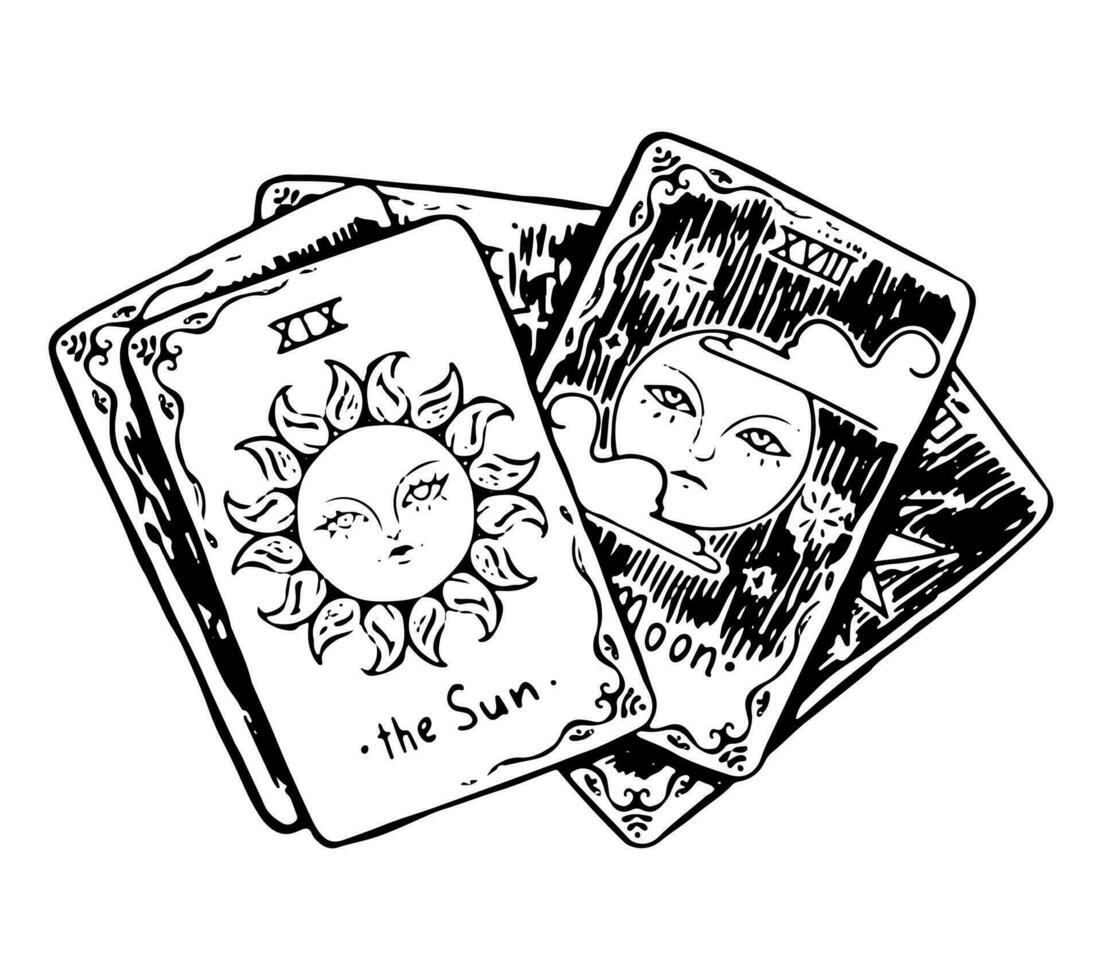 Tarot cards doodle. Occult, fortune telling, witchcraft, divination, magic item. Halloween hand drawn vector illustration in retro style. Ink sketch isolated on white.