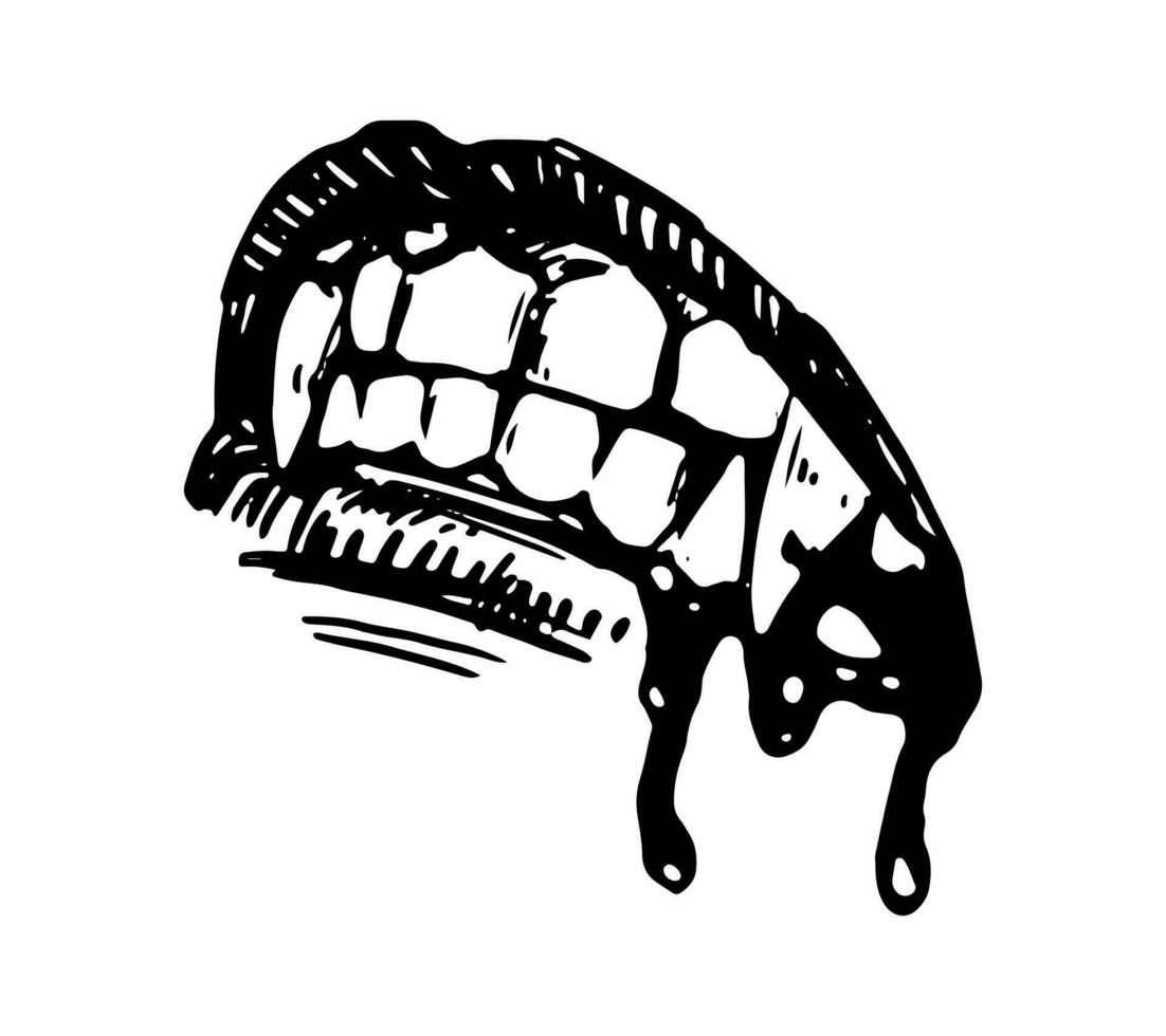 sangriento vampiro mueca boca, largo dientes, agudo colmillos Víspera de Todos los Santos mano dibujado vector ilustración en retro estilo. oscuro tema tinta bosquejo aislado en blanco.