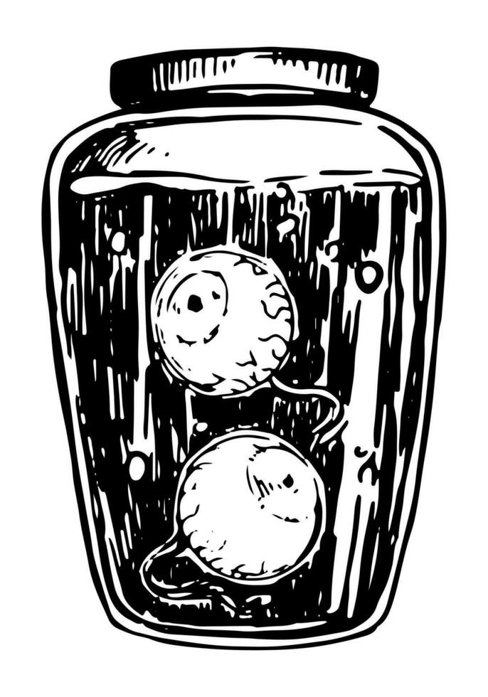 Eyeballs in jar, spooky occult items doodle. Halloween hand drawn vector illustration in retro style. Dark theme ink sketch isolated on white.