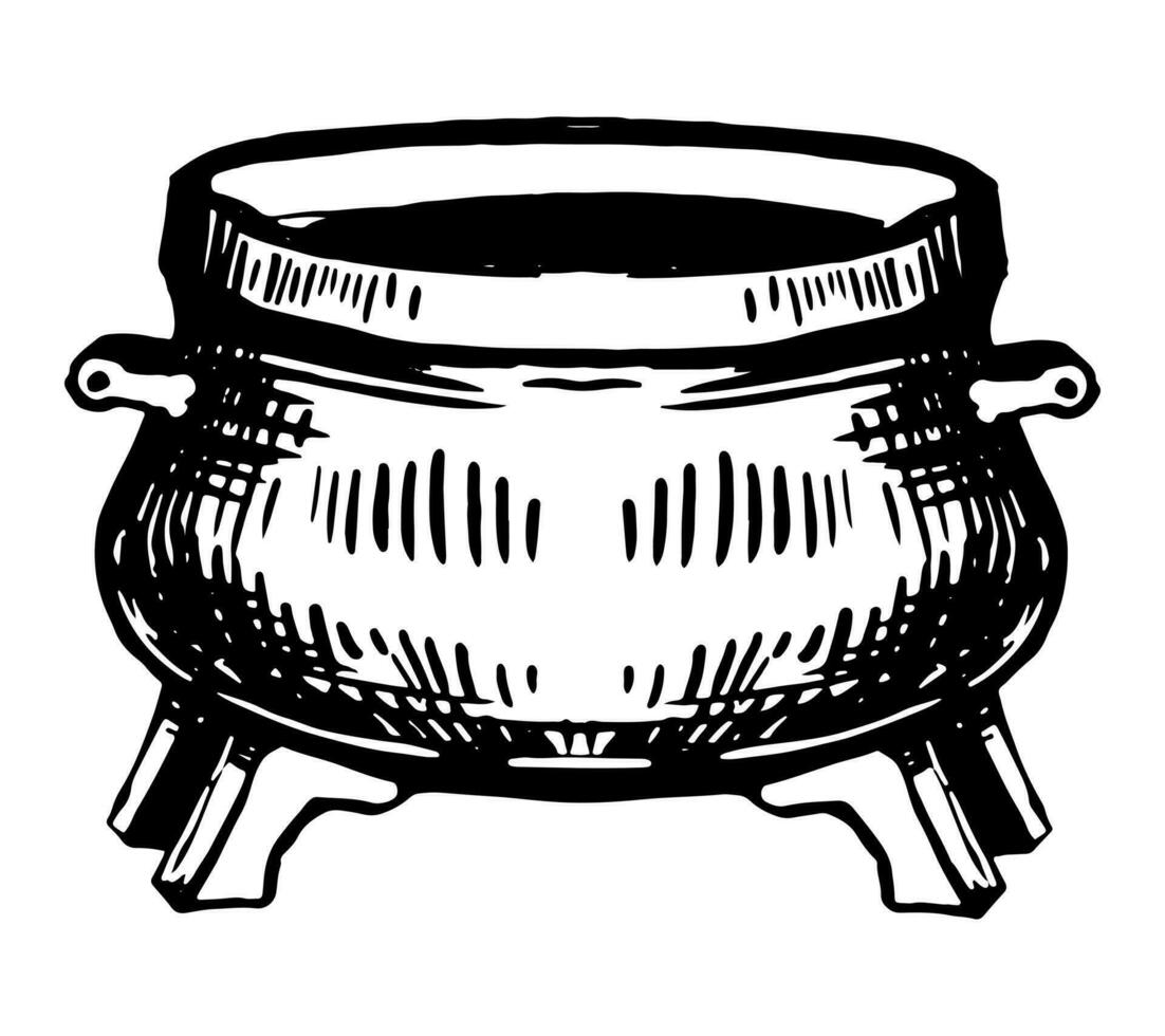 Empty cooking pot doodle. Iron witches cauldron with handle ink sketch isolated on white. Halloween hand drawn vector illustration in retro style.