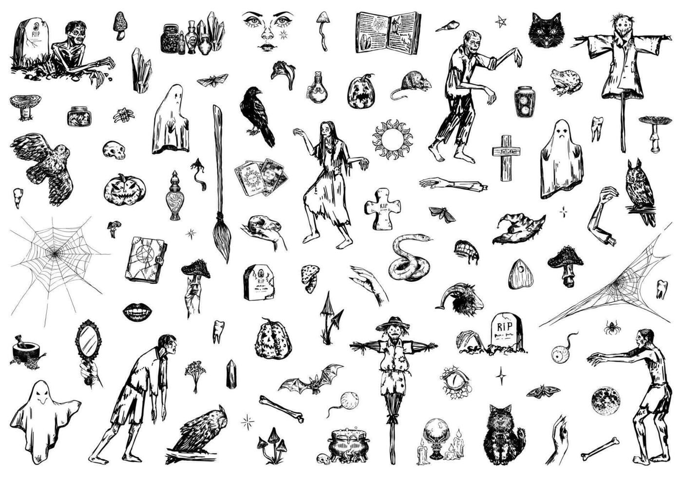 Halloween collection. Zombies, witchcraft, spooky animals, ghosts, occult items. Hand drawn vector illustration in retro style. Scary sketches bundle isolated on white.