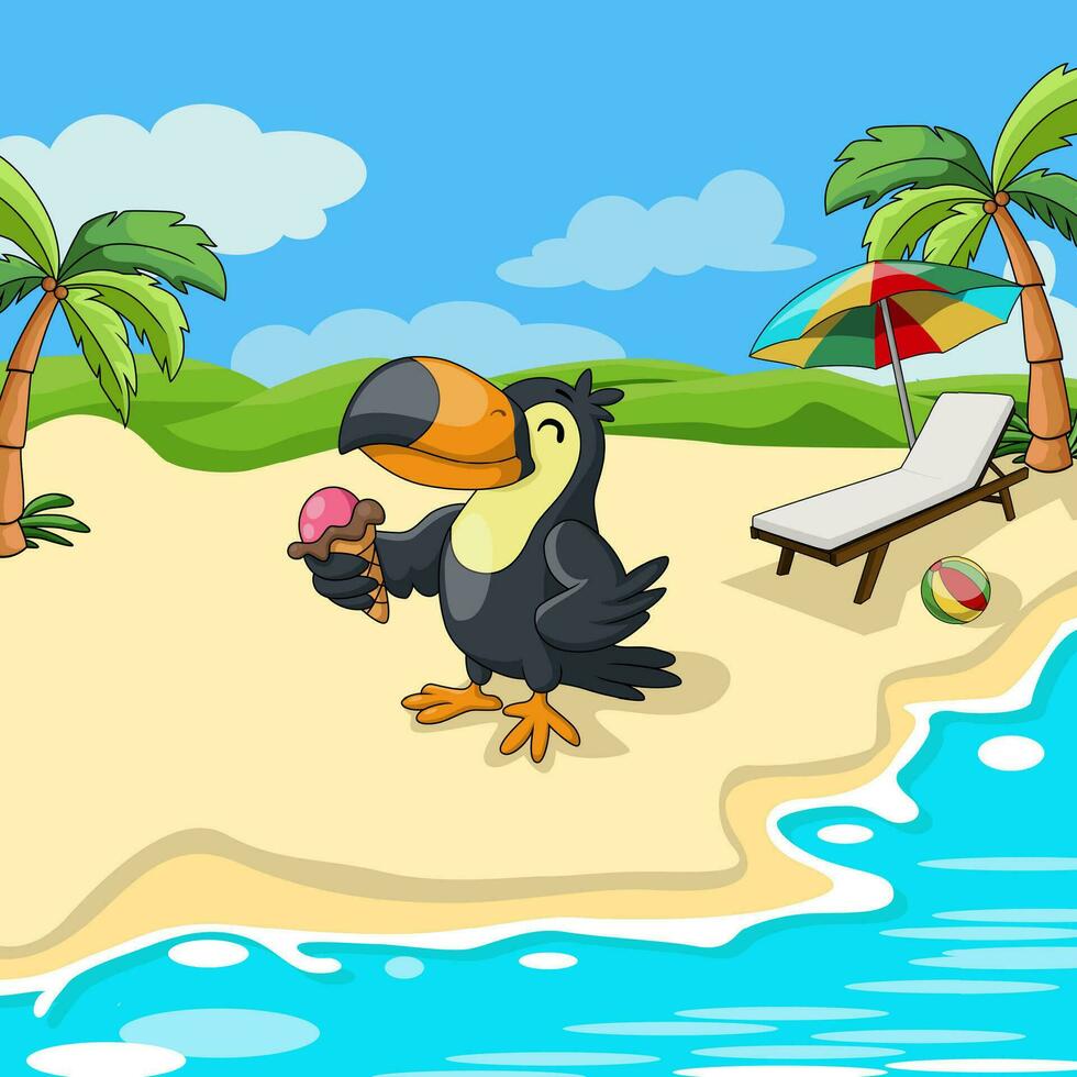 Cute toucan cartoon eat ice cream on beach vector