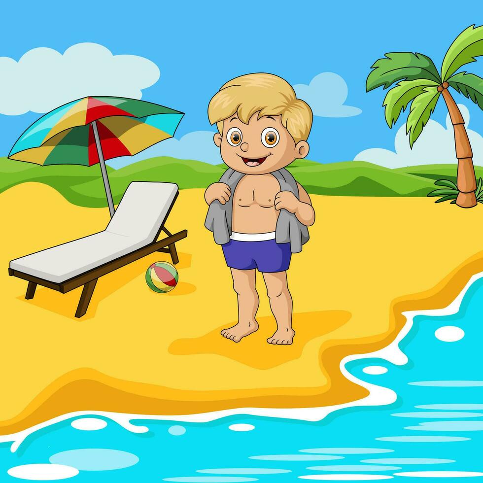 Cute little boy cartoon on the beach vector