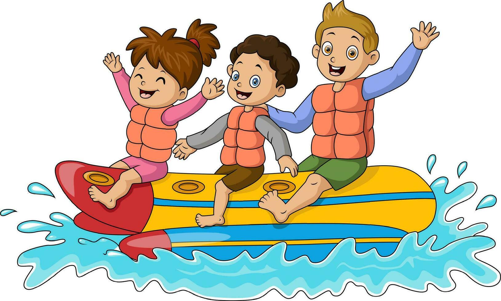 linda niños dibujos animados montando un plátano barco vector