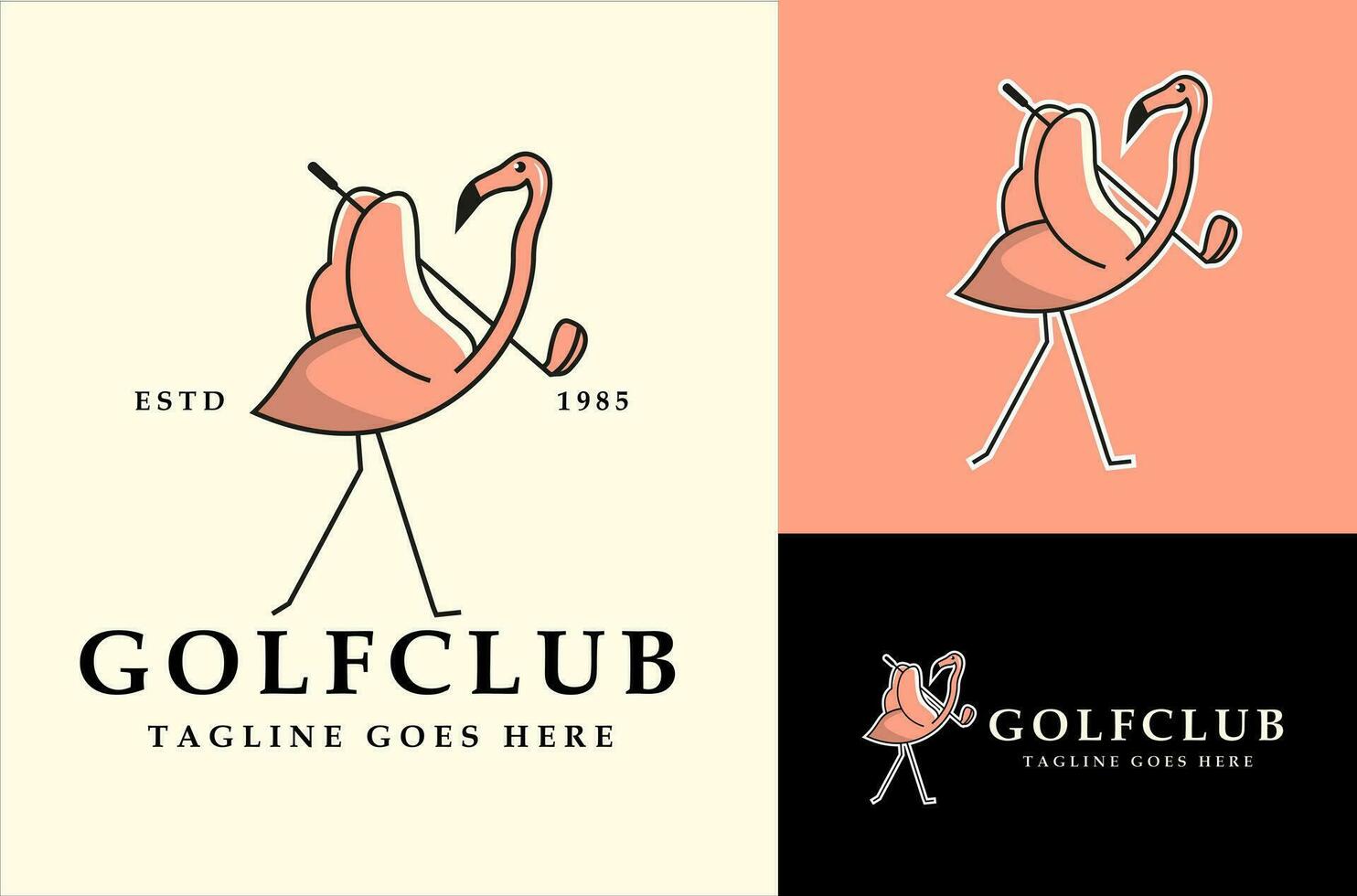 Flamingo bird logo illustration with golf club professional golf ball logo template design vector