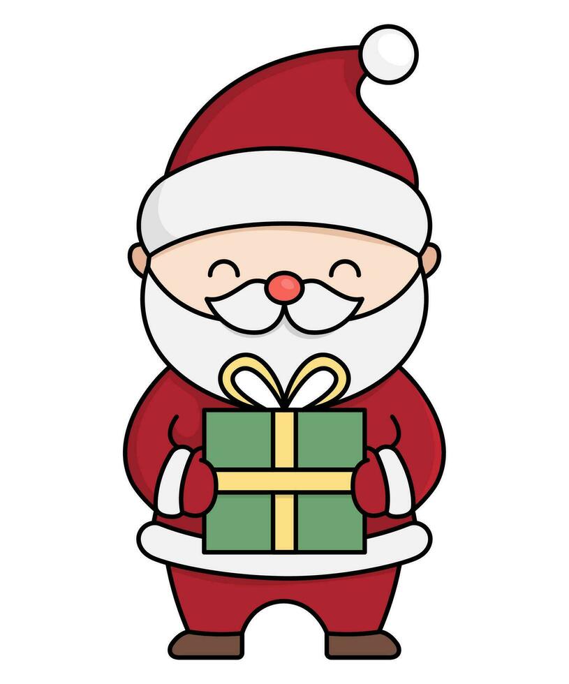 Vector colored kawaii Santa Claus with present. Cute Father Frost illustration isolated on white background. Christmas, winter or New Year character with gift. Funny cartoon holiday icon