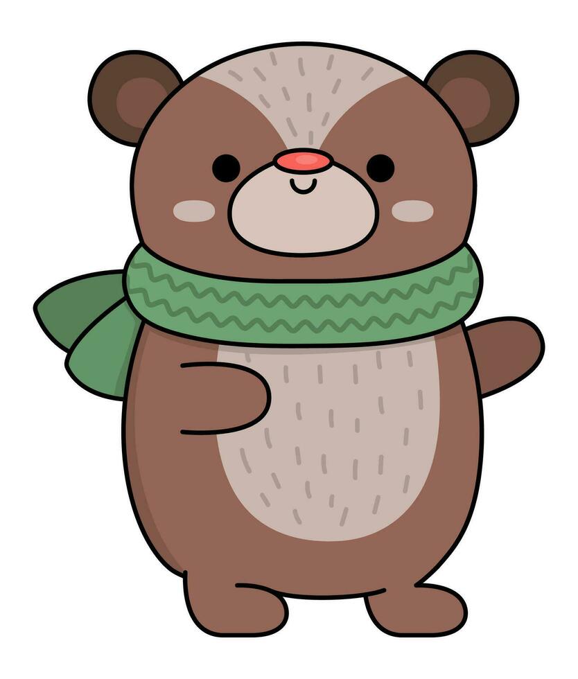 vector de colores kawaii oso en bufanda. linda Navidad animal personaje ilustración aislado en blanco antecedentes. nuevo año o invierno sonriente osito de peluche. gracioso dibujos animados fiesta icono